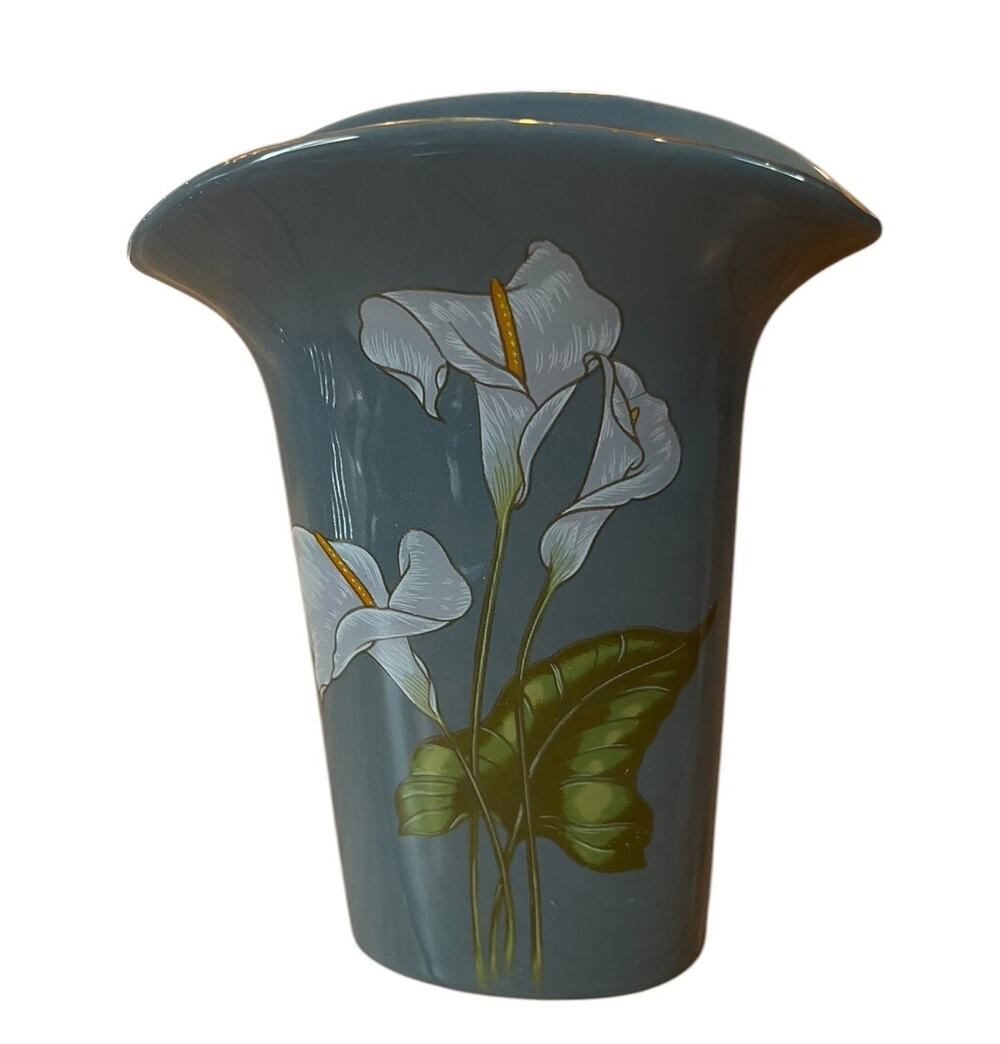 Vintage Blue Grey Porcelain Vase w/ Floral Cala Lily Price Taiwan 7.5” Gold Rim